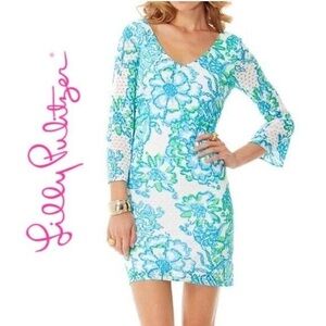 Lilly Pulitzer Blue Floral Crochet knit long sleeve Dress size small